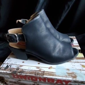 Black faux leather peep toe bootie